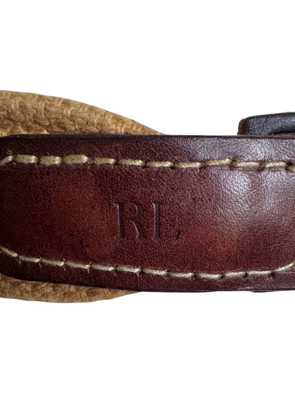 Polo Ralph Lauren Mens Vintage Brown Leather Tan Stretch Belt Size 34/85 RL Logo